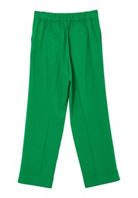 Pantaloni verde a gamba larga con vita elasticizzata, caratterizzati da una texture liscia e due tasche posteriori, orlati alla caviglia.