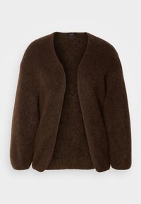 Brauner, flauschiger Cardigan. Offenes Frontdesign, lange Ärmel, weicher Stoff. Keine Verschlüsse. Einfaches, vielseitiges Kleidungsstück zum Übereinandertragen.
