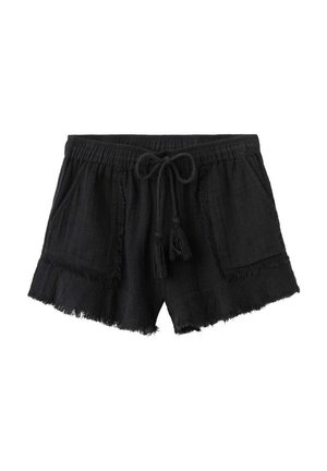 Sorte afslappede shorts med snøre i taljen, forlommer med påsyede lommer og frynset kant.