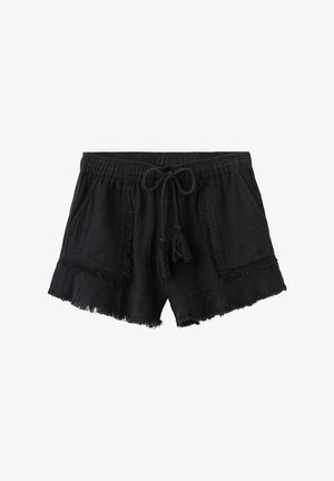 Sorte afslappede shorts med snøre i taljen, forlommer med påsyede lommer og frynset kant.