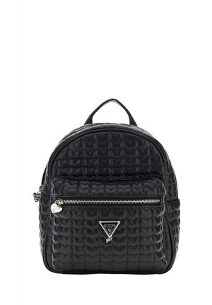 Zaino nero trapuntato in ecopelle vegana con tasca frontale con cerniera, cursori a cuore argento e logo Guess sulla tasca frontale.