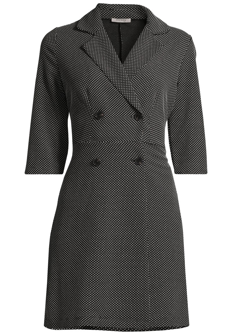 Black knee-length dress with white polka dots, double-breasted design, notched collar, and three-quarter sleeves. Features black buttons.