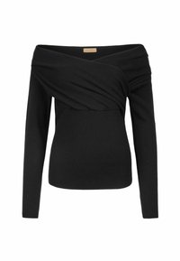 Czarna bluzka typu off-the-shoulder z długimi rękawami, z przodem w formie spirali. Wykonana z miękkiego, prążkowanego materiału. Prosty i dopasowany krój.