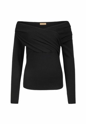 Czarna bluzka typu off-the-shoulder z długimi rękawami, z przodem w formie spirali. Wykonana z miękkiego, prążkowanego materiału. Prosty i dopasowany krój.