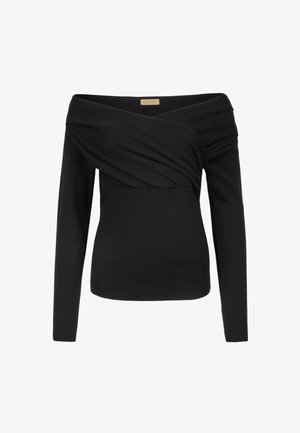 Zwarte off-shoulder top met lange mouwen, met een gedraaide voorkant. Gemaakt van een zachte, geribbelde stof. Eenvoudige en aansluitende vorm.