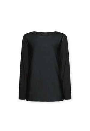 Maglietta nera a maniche lunghe con una texture liscia e colletto tondo. Il design presenta un aspetto senza cuciture, senza hardware visibile o accenti.
