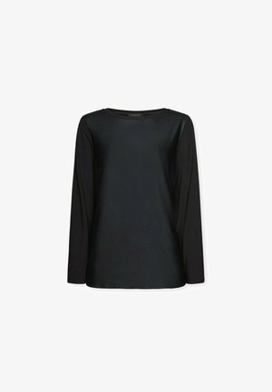 Langsleeve zwarte top met een gladde textuur en een ronde hals. Het ontwerp heeft een naadloze uitstraling zonder zichtbare hardware of accenten.