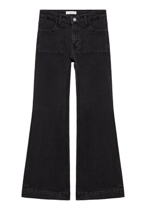 Jean flare noir en denim, avec une taille haute, deux poches avant et une fermeture à bouton. Texture lisse avec une finition soignée.