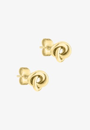 Guldtonede studs ørestikker med et snoet knudedesign, der har glatte overflader og poleret tekstur, som fremhæver de fine detaljer i metallet.