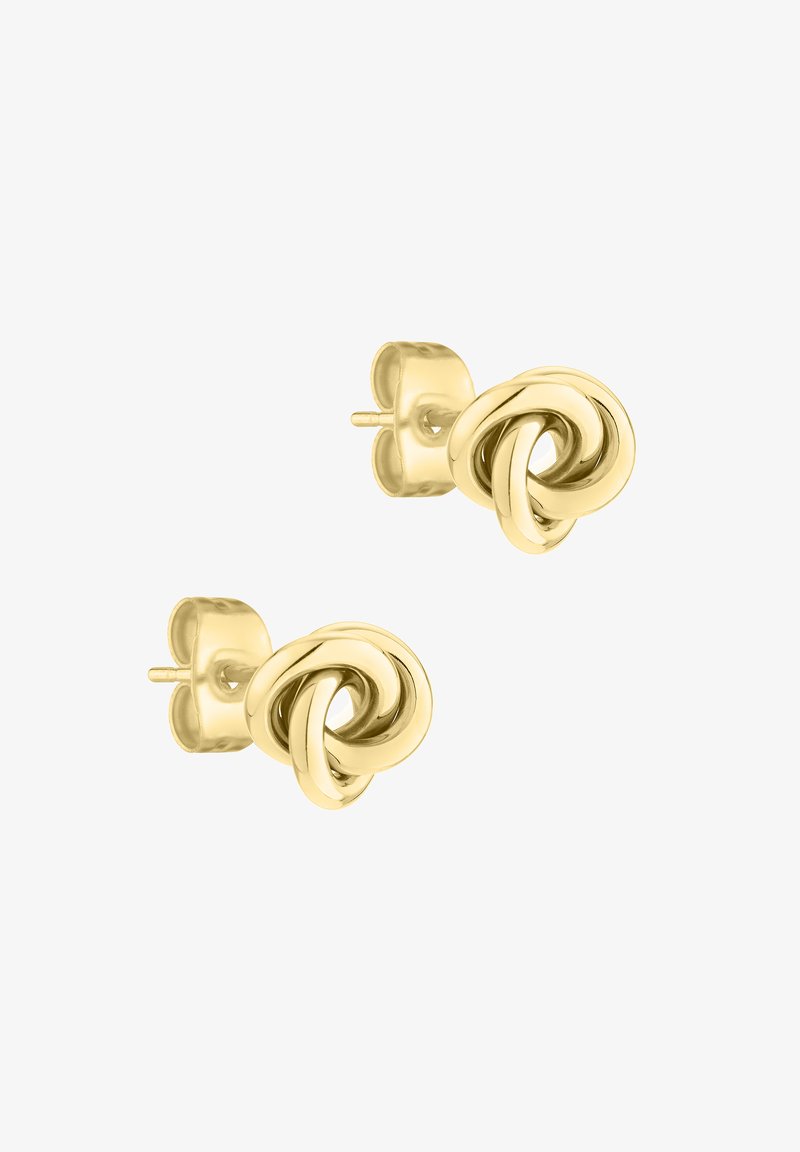 Orecchini a sospensione in tonalità oro con un design a nodo intrecciato, caratterizzati da superfici lisce e texture lucida, che mettono in evidenza dettagli intricati nel metallo.