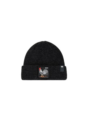 Zwarte gebreide beanie met een patch waarop een afbeelding van een haan en het woord "cock" staat op de omgeslagen rand.