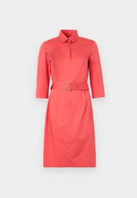 Coral-colored shirt dress with a collared neckline, three-quarter sleeves, a belted waist, and button detail down the front. Smooth texture.