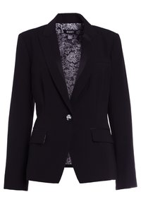 Blazer noir sur mesure avec fermeture à un bouton, revers crantés, poches à rabat et doublure intérieure à motif étiquetée DKNY.