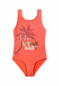 Maillot de bain une pièce corail avec un design de palmier en sequins et le texte "HAWAII BABY" en doré. Tissu lisse et extensible.