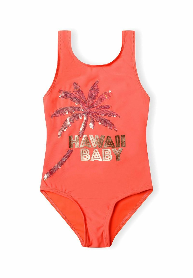 Maillot de bain une pièce corail avec un design de palmier en sequins et le texte "HAWAII BABY" en doré. Tissu lisse et extensible.