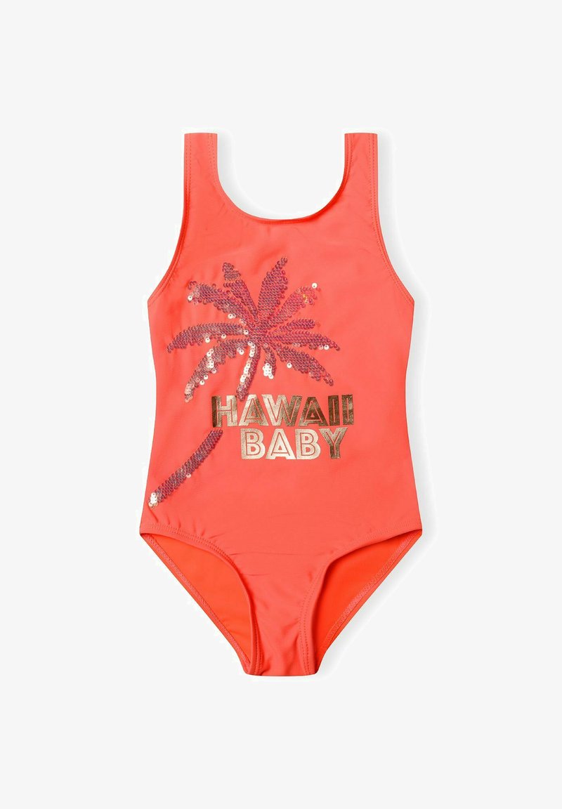 Costum de baie dintr-o singură piesă de culoare corai, cu un design de palmier realizat din paiete și textul "HAWAII BABY" în auriu. Material neted și elastic.