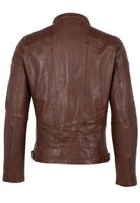 Braune Leder-Motorradjacke mit Stehkragen, gerippten Schulterakzenten und aufwendigen Nähten auf Rücken und Ärmeln.