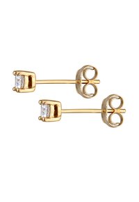Goldfarbene Ohrstecker mit klaren rechteckigen Zirkonia im Krappenfassungsdesign, ausgestattet mit einem einfachen Post- und Schmetterlingsverschluss.