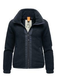 Fleece jacket in dark navy with a padded front, side pockets, and adjustable cuffs. Features an orange pull tab on the zipper.