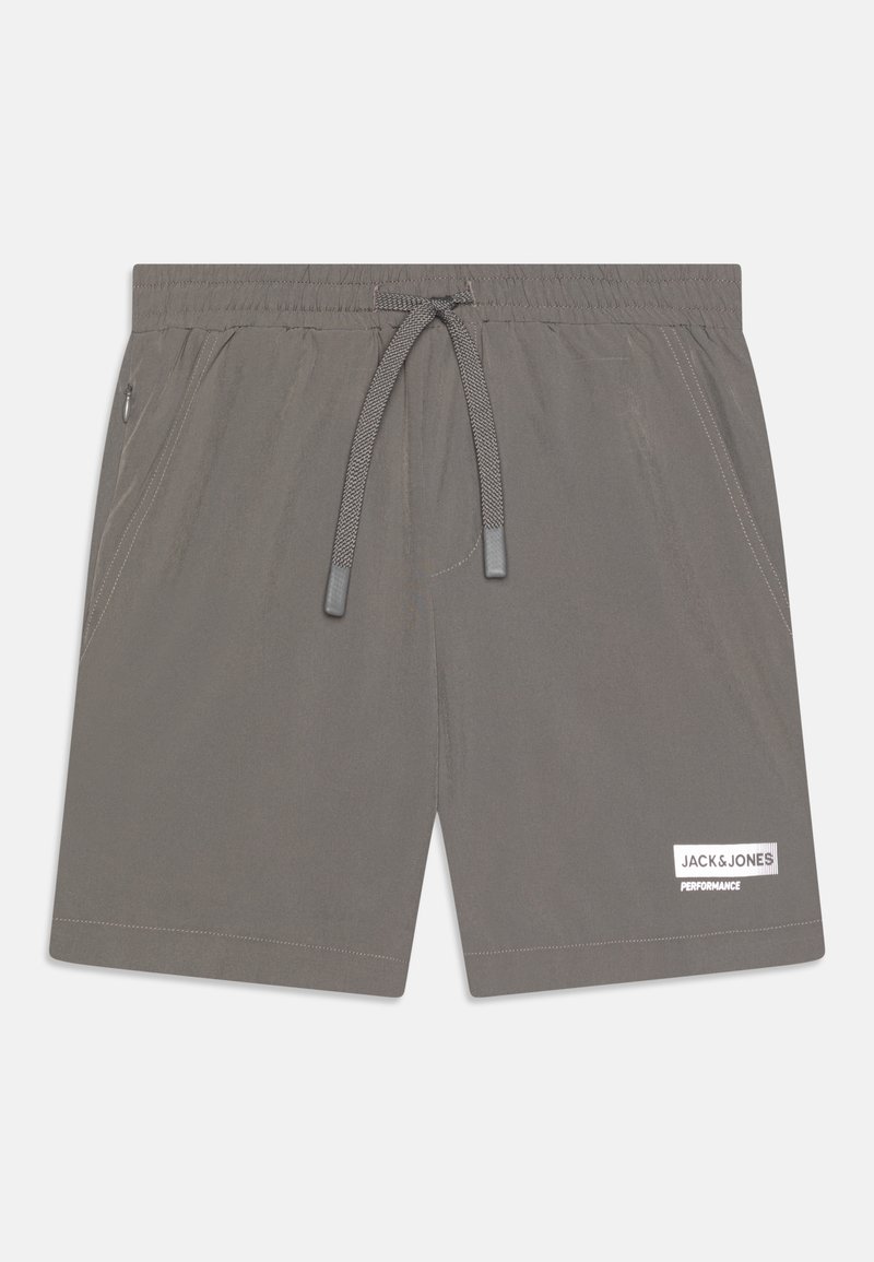 Shorts de bain gris en tissu léger, avec une taille élastique munie d'un cordon de serrage, des poches latérales et un écusson logo.