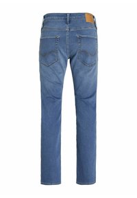 Jeans in denim blu, design a gamba dritta, con tasche a toppa e cuciture arancioni. La vista posteriore mostra due tasche con un delicato dettaglio curvo.