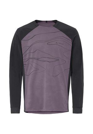 Maillot de sport à manches longues avec manches noires et devant violet orné de motifs linéaires abstraits et du logo Vaude sur la poitrine.