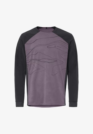 Maillot de sport à manches longues avec manches noires et devant violet orné de motifs linéaires abstraits et du logo Vaude sur la poitrine.