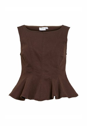 Brown sleeveless peplum top with boat neckline and fitted seams, made from a soft, textured fabric.