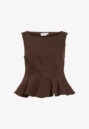 Brown sleeveless peplum top with boat neckline and fitted seams, made from a soft, textured fabric.