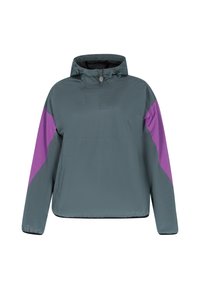 Pulloverjakke med hætte, grå krop og lilla sidepaneler. Har en halvlukning med lynlås og en frontlomme med elastiske manchetter. Vandtæt materiale.