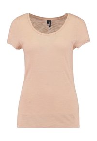 Lys ferskenfarvet ribbet t-shirt med rund halsudskæring og korte ærmer. Lavet af blødt materiale med diskrete vandrette striber.