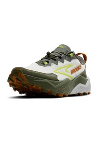 Men's Brooks running shoe featuring a white and green upper, textured outsole with orange accents, and a rugged design for traction.