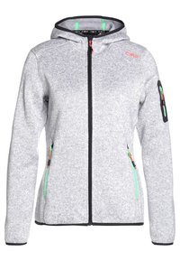 Veste polaire à capuche zippée gris clair avec bordure noire et poches zippées avec accents verts à l'avant et sur la manche.