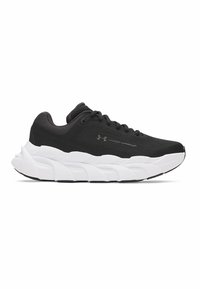 Zwarte sportieve schoenen met een ademende mesh bovenkant, contrasterende witte tussenzool, dikke gewatteerde kraag en een gestructureerde zool voor grip.