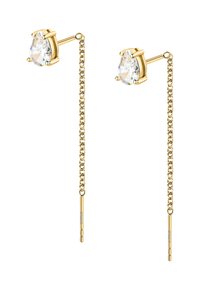 Orecchini placcati in oro con gemme trasparenti a forma di pera e lunghe catene pendenti. Le catene presentano estremità cilindriche con dettagli sottili.