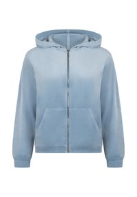 Světlomodrá mikina s kapucí na zip vyrobena z měkkého, hladkého materiálu. Obsahuje dvě přední kapsy a žebrované manžety. Jednoduchý design s gradientním barevným přechodem.