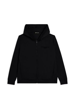 Felpa nera con zip completa, tasche frontali e cappuccio, con un testo sottile sul petto che recita "Oggi è il tuo giorno Freddy."