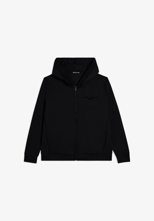 Felpa nera con zip completa, tasche frontali e cappuccio, con un testo sottile sul petto che recita "Oggi è il tuo giorno Freddy."
