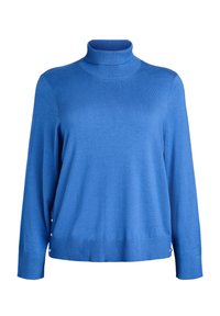 Niebieski sweter z golfem, długimi rękawami, prążkowanymi mankietami, miękką teksturą i dekoracyjnymi guzikami na bocznym brzegu.