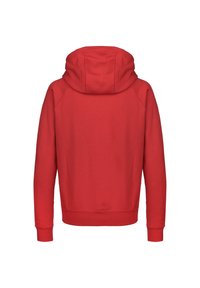 Haut à capuche rouge avec cordon de serrage, poignets côtelés et ourlet. Fabriqué à partir d'un doux mélange de coton avec une texture lisse. Vue de derrière.