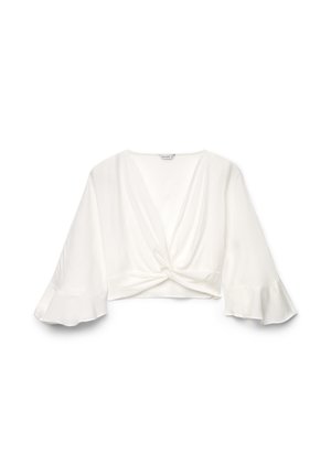 White cropped blouse with deep V-neck, twisted front detail, and wide bell sleeves.