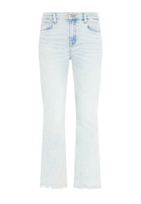 Jeans flare in denim azzurro chiaro con vita media, orlo strappato, classico design a cinque tasche e chiusura con bottone in metallo dorato.