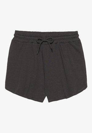 Shorts gris foncé, courts, en tissu doux, avec une taille à cordon de serrage et une coupe décontractée, sans poches ni motifs distincts.