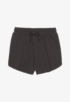 Korte, mørkegrå shorts laget av mykt stoff med snor i livet og avslappet passform, uten lommer eller distinkte mønstre.