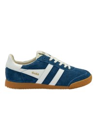 Navy suede sneakers with white leather accents and lateral stripes. Textured brown rubber sole and embossed brand logo on the tongue.