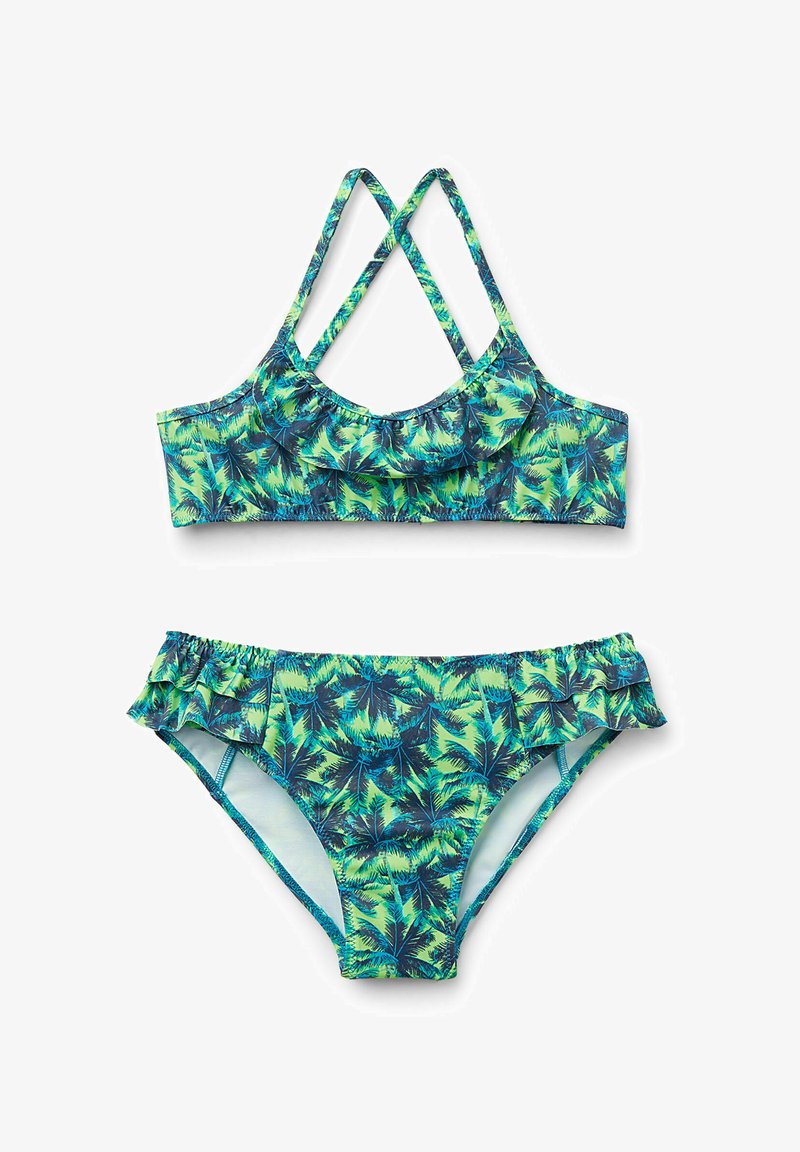 Bikini set s modro-zeleným vzorem palmových listů. Horní část má volánkový design a křížové ramínka; spodní část má odpovídající volánkové detaily.