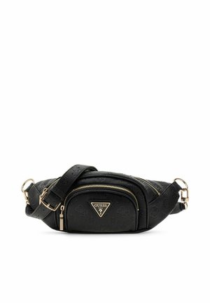 Sac ceinture noir Guess avec motif de logo en relief, fermetures éclair dorées, patch triangulaire avec logo Guess, et sangle réglable avec ferrures dorées.