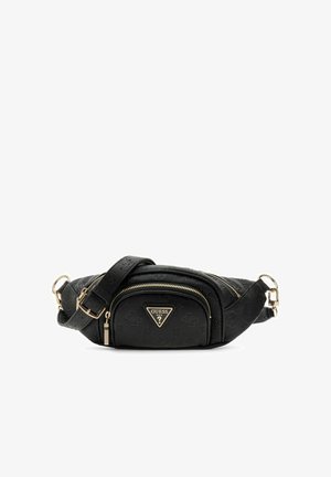 Sac ceinture noir Guess avec motif de logo en relief, fermetures éclair dorées, patch triangulaire avec logo Guess, et sangle réglable avec ferrures dorées.