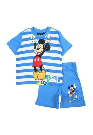 T-shirt à rayures bleues et blanches à manches courtes avec un graphique de Mickey Mouse, accompagné de shorts bleus unis, le tout en coton.
