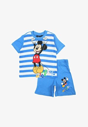 T-shirt à rayures bleues et blanches à manches courtes avec un graphique de Mickey Mouse, accompagné de shorts bleus unis, le tout en coton.